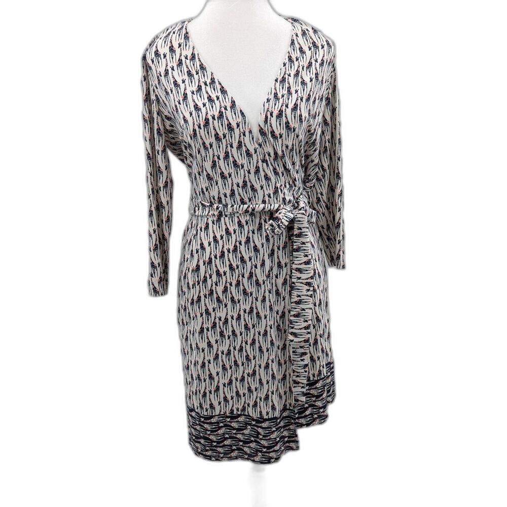 Bass Giraffe Wrap Midi Long Sleeve V-Neck Stretchy Ivory Blue Dress Size Small